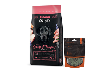 FITMIN dog For Life Duck & Turkey 12 kg + Trattamenti dentali per cani 70g GRATIS
