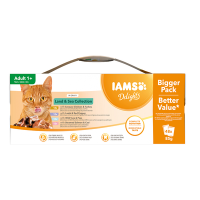 IAMS- Delights cibo in bustina per gatti adulti - con scelta di alimenti a base di carne e pesce in salsa 40x85g